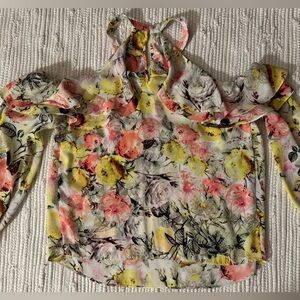 INC Womens Mixed Floral Ruffle Cold Shoulder Top